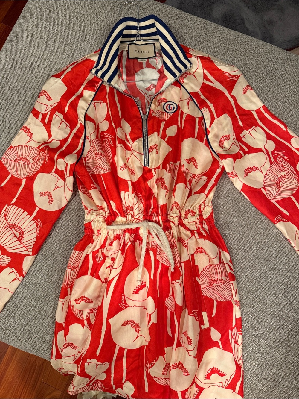 GUCCI Red and Cream Floral Zip-Front Bomber Dress Jacket size Small
